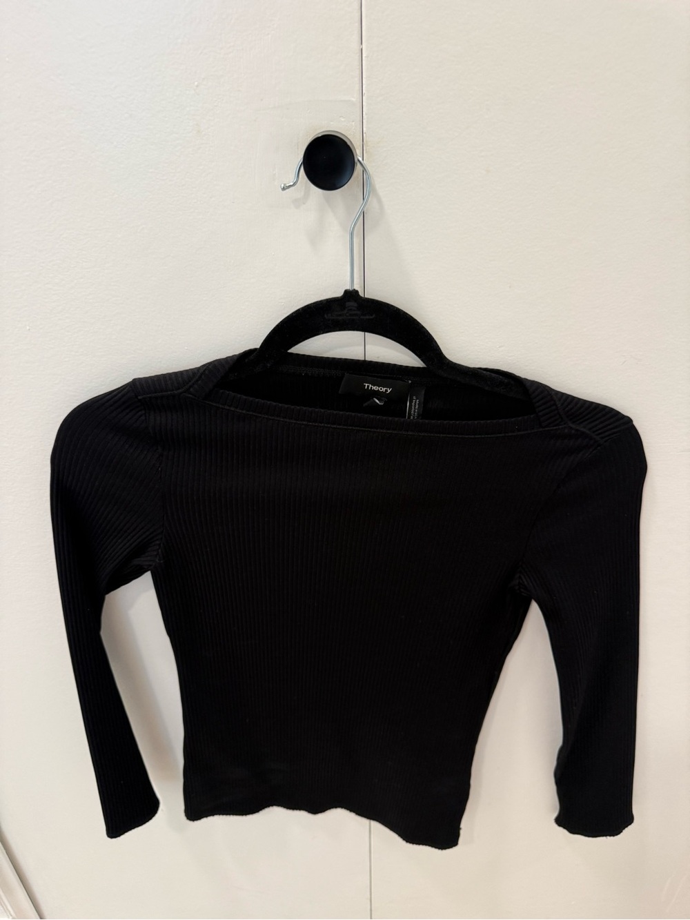 Theory Black Ribbed Long Sleeve Boat Neck Top